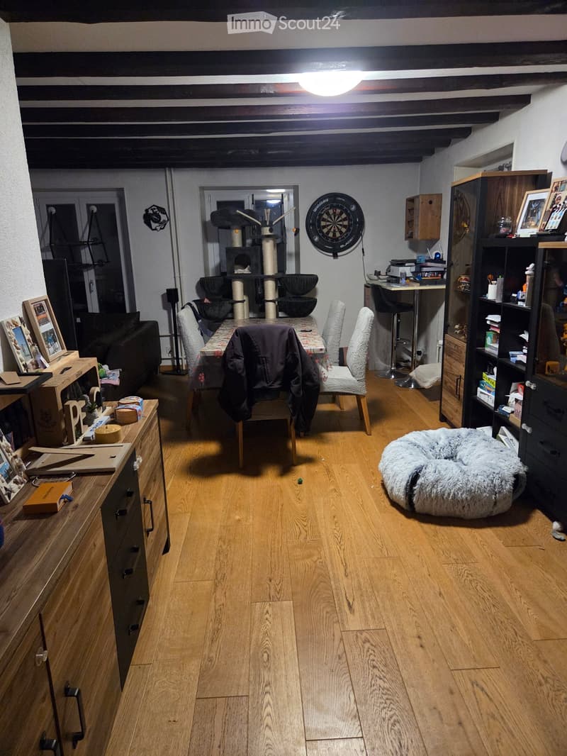 A well-lit living room with wooden flooring, a sofa, a dining table with chairs, a cat tree, a cat bed, a bookshelf, and a dartboard on the wall.