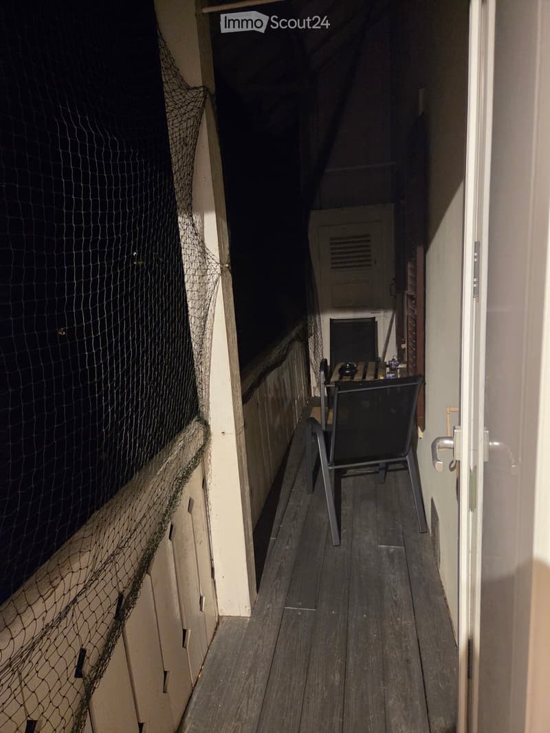 Balcony with wooden floor, metal chair, and a net on one side.