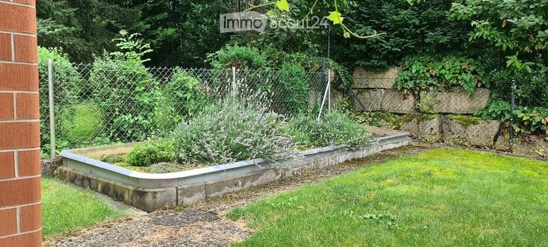 A small garden area enclosed by a chain-link fence, featuring a raised garden bed with herbs and shrubs, a grassy lawn, and a stone retaining wall in the background.
