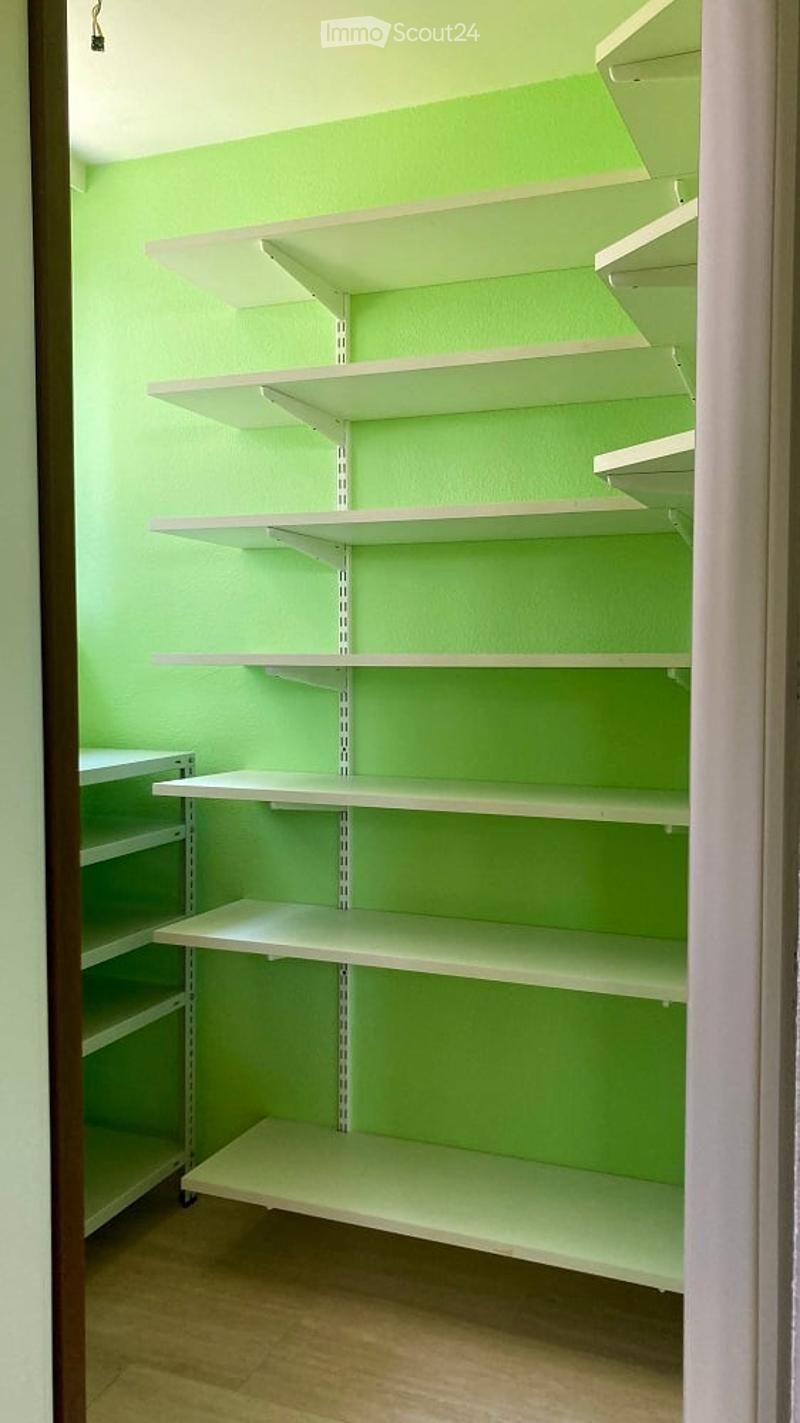 Empty closet with white shelves and green walls, wooden floor visible.