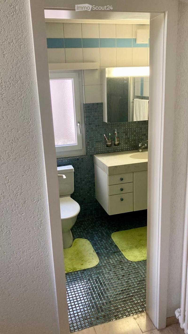 Modern bathroom with a white toilet, a sink with a cabinet, a mirror, and a window. The floor is tiled with mosaic tiles, and there are two green rugs placed on the floor.