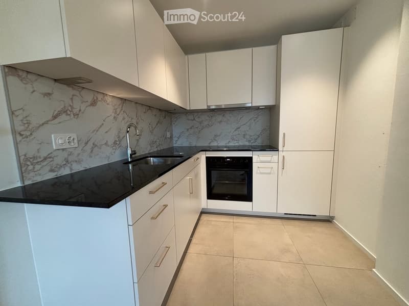 Modern kitchen with white cabinets, black countertops, and a stainless steel sink. Features include a built-in oven and sleek, contemporary design.