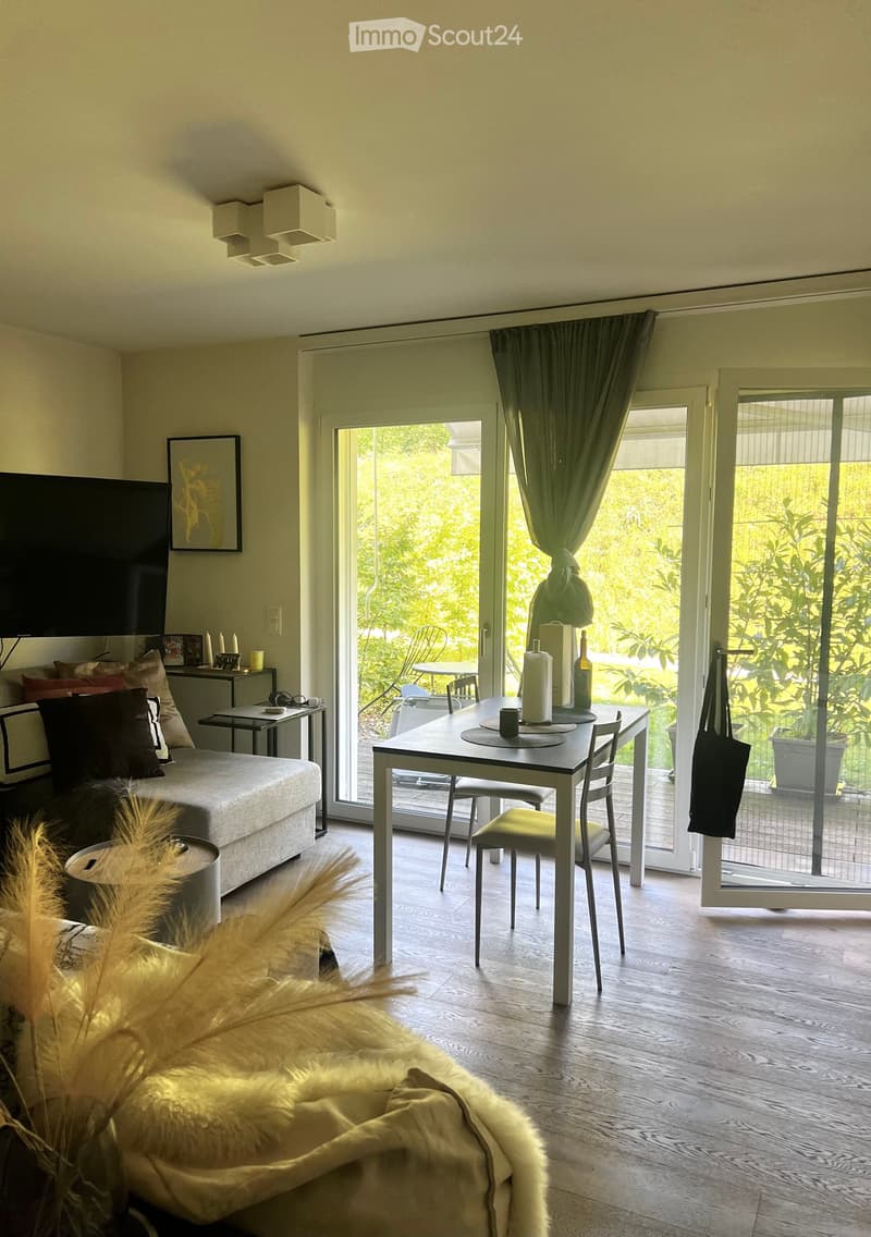 Bright living room with a grey sofa, a dining table with chairs, a television, and a large window with curtains leading to a balcony.