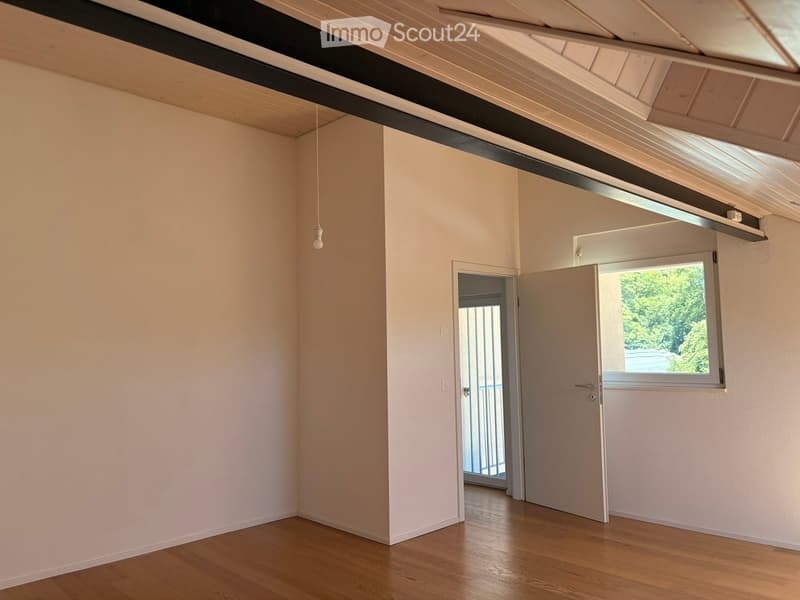 Empty room with wooden flooring, white walls, and a skylight in the ceiling. A door leads to a balcony area with a view of greenery.