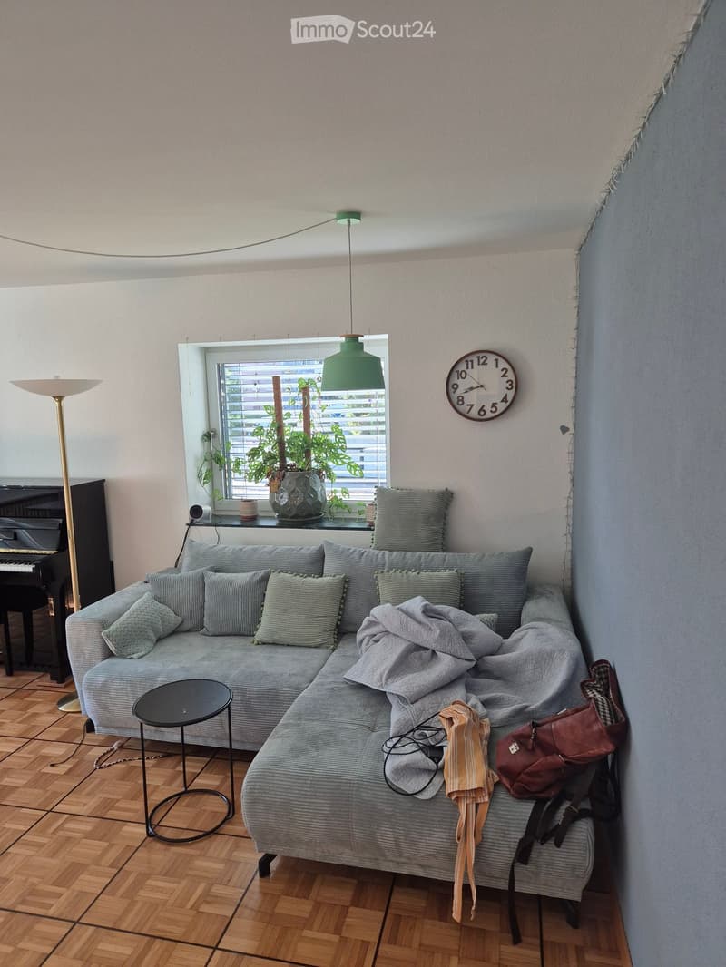 A cozy living room with a grey sectional sofa, throw pillows, a small black side table, a floor lamp, a piano, and a potted plant on the windowsill.