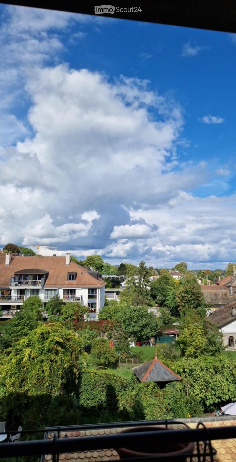 View from a balcony showing a residential area with houses, trees, and a clear blue sky.