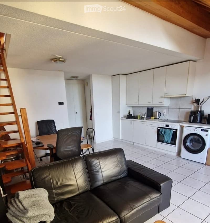 A modern, open-plan living and dining area with a black leather sofa, a wooden dining table with chairs, and a fully equipped kitchen featuring white cabinets, an oven, a washing machine, and various appliances.