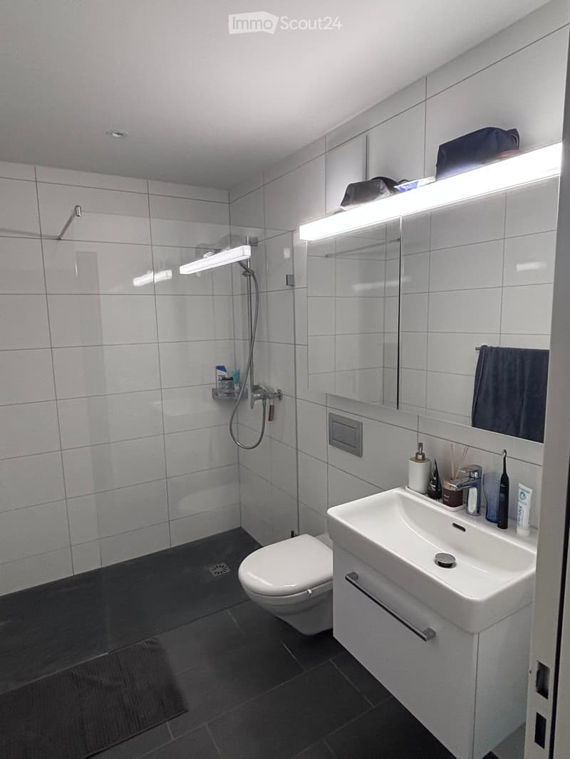 Modern bathroom with white tiles, a toilet, a sink with a mirror, a shower, and various toiletries on the sink counter.