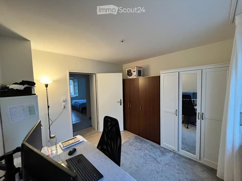 A furnished room with a desk, chair, screen, keyboard, mouse, bottle, refrigerator, wardrobe, mirror, and lamp.