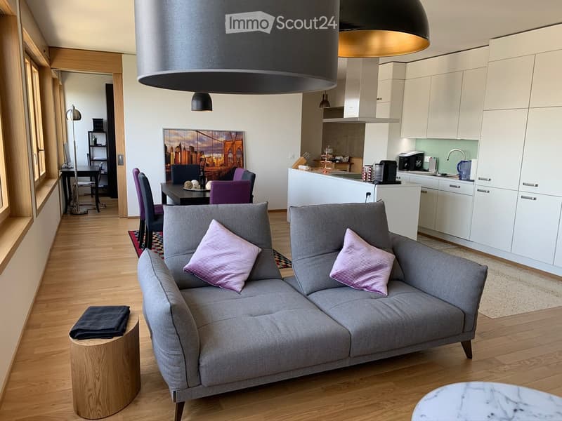 Modern open-plan living and dining area with a grey sectional sofa, wooden coffee table, kitchen with white cabinets and stainless steel appliances, dining table with chairs, and a large pendant light.