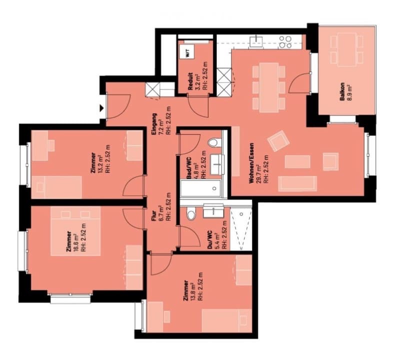 Floor plan of a 2-room apartment with a balcony, featuring a living/dining area, two bedrooms, a bathroom, and a separate entrance area.