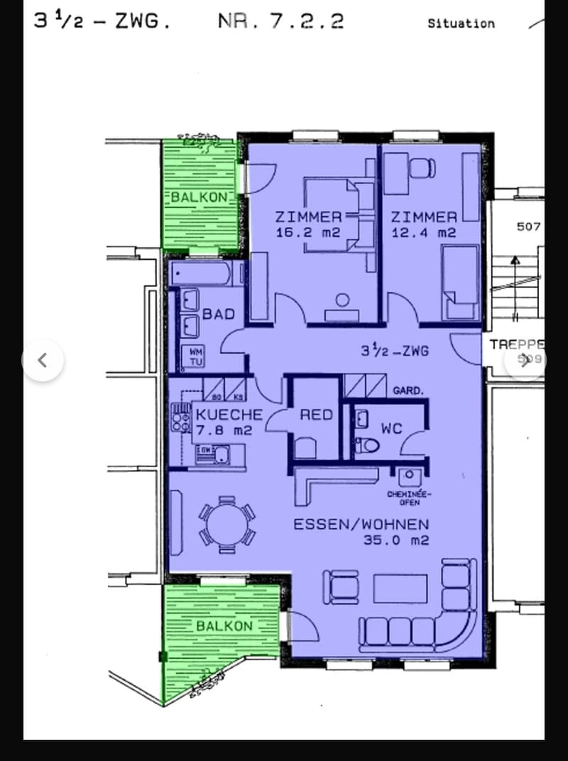 Floor plan of a 3.5-room apartment with two bedrooms, a kitchen, a bathroom, a living/dining area, and two balconies.