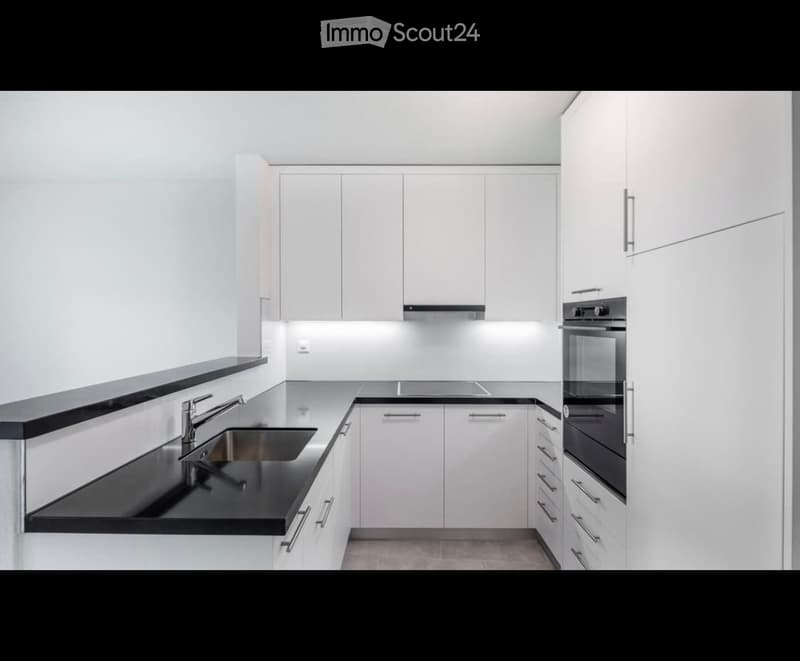 Modern kitchen with white cabinets, black countertops, stainless steel sink, and built-in oven.