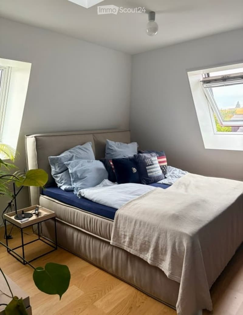 Cozy bedroom with a large bed, multiple pillows, a blanket, a nightstand with a lamp, and a potted plant near the window.