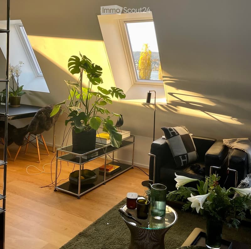 Bright living room with wooden flooring, large windows, a black leather sofa, a glass coffee table, a side table with a large leafy plant, and decorative items including a vase with white flowers and a small bird figurine.