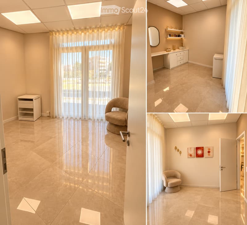 Modern, minimalist room with large windows, sheer curtains, a single armchair, a small cabinet, and a vanity area with a mirror and sink.