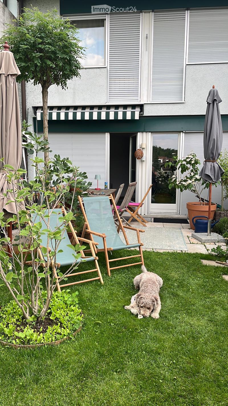 Garden area with green grass, small dog, two wooden folding chairs, small table, potted plants, and a house entrance with striped awning.
