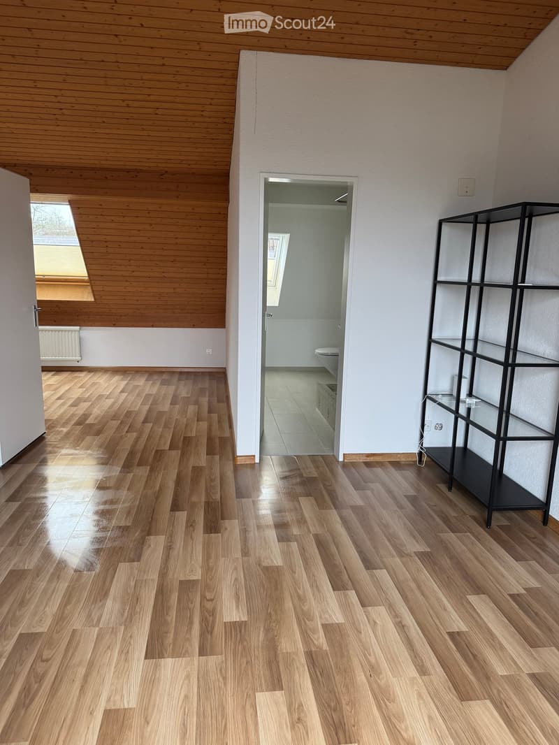 Empty room with wooden flooring, white walls, and a black shelving unit. A doorway leads to a bathroom with a toilet and tiled floor.