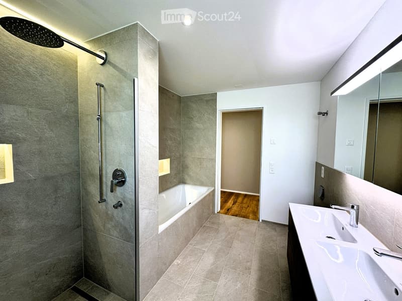 Modern bathroom with a large shower area, bathtub, double sink, and large mirror. Features include a sleek showerhead, modern fixtures, and neutral tones.