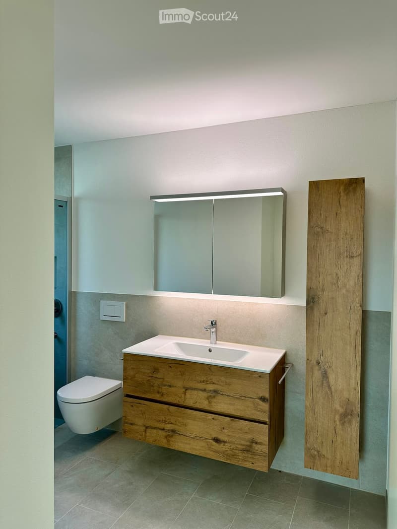 Modern bathroom with a wooden vanity, white sink, chrome faucet, large mirror with built-in lighting, and a toilet.