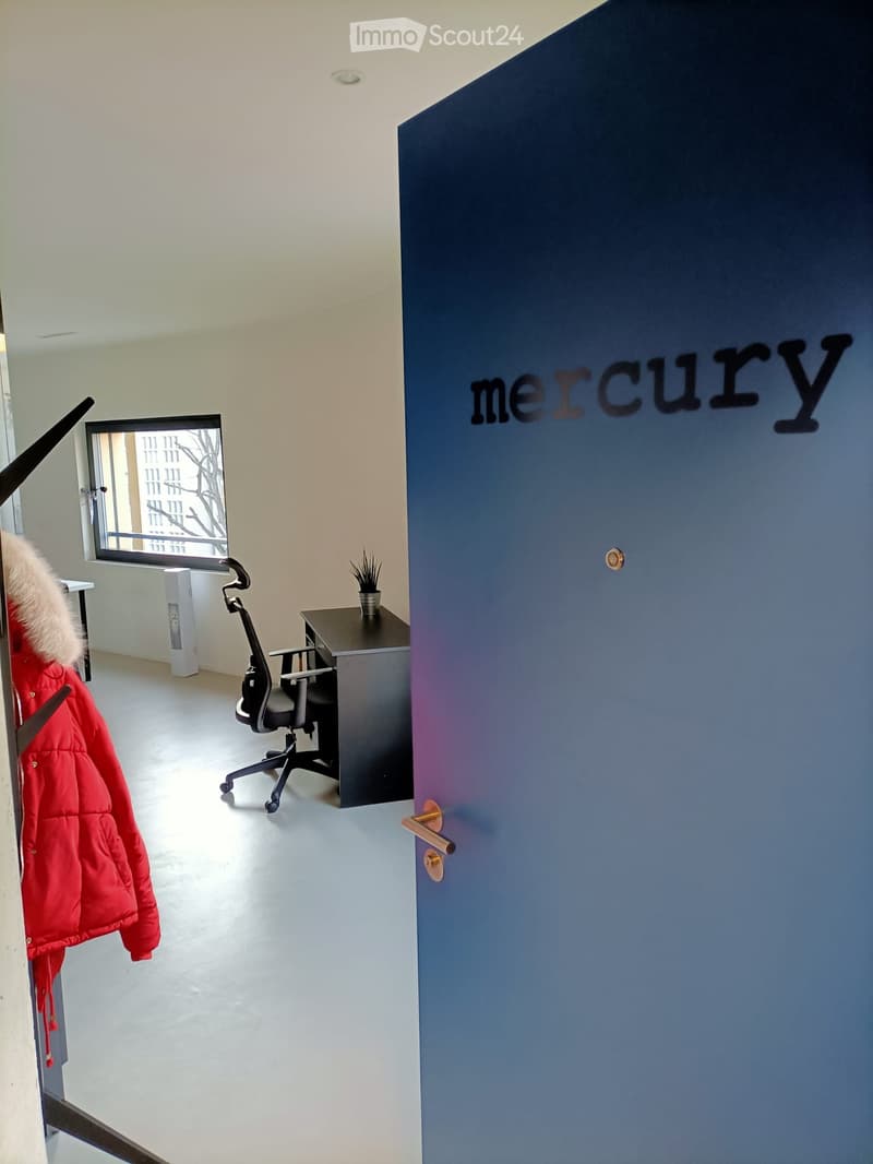 A modern, minimalistic room with a desk, chair, small plant, and a red jacket hanging on the wall. The room features a large window with a view of a building outside.