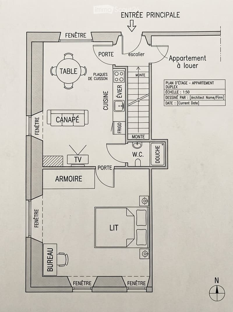 Floor plan of a duplex apartment featuring a living area with a sofa, TV, and coffee table, a kitchen with a dining table, a bedroom with a bed, a bathroom, and a separate office area.