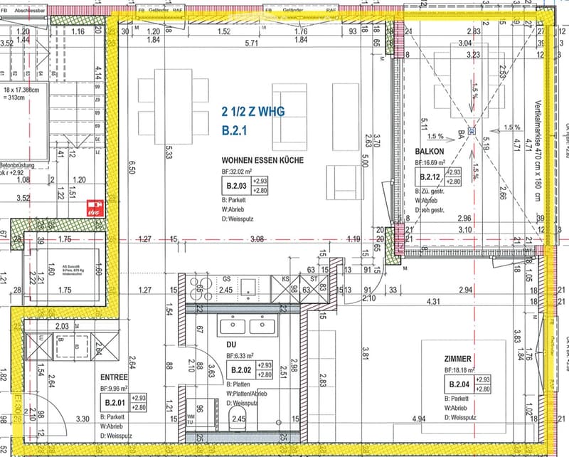 Floor plan of a 2.5-room apartment with living, dining, kitchen, balcony, and bedroom areas.