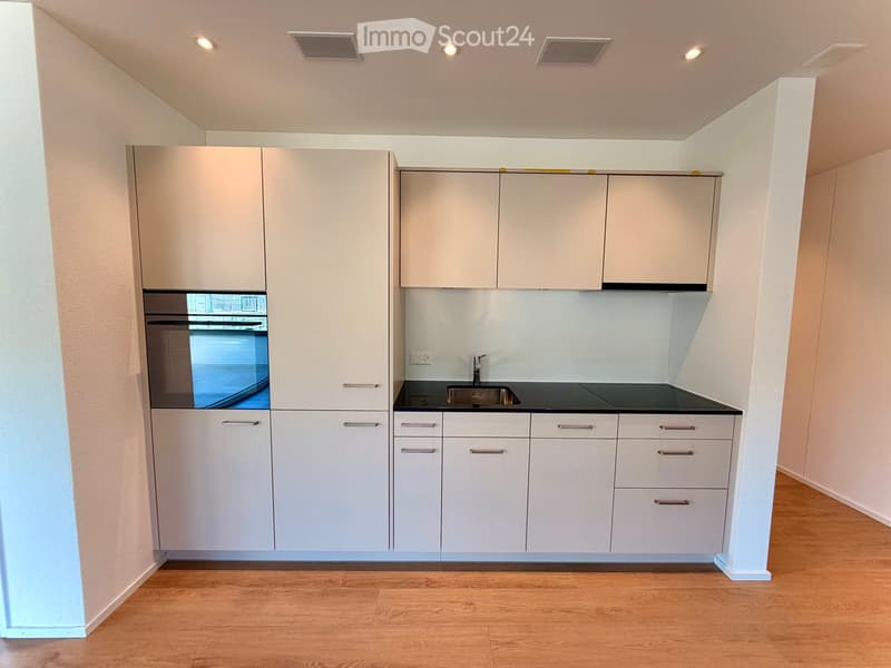 Modern kitchen with white cabinets, a black countertop, and a stainless steel sink.