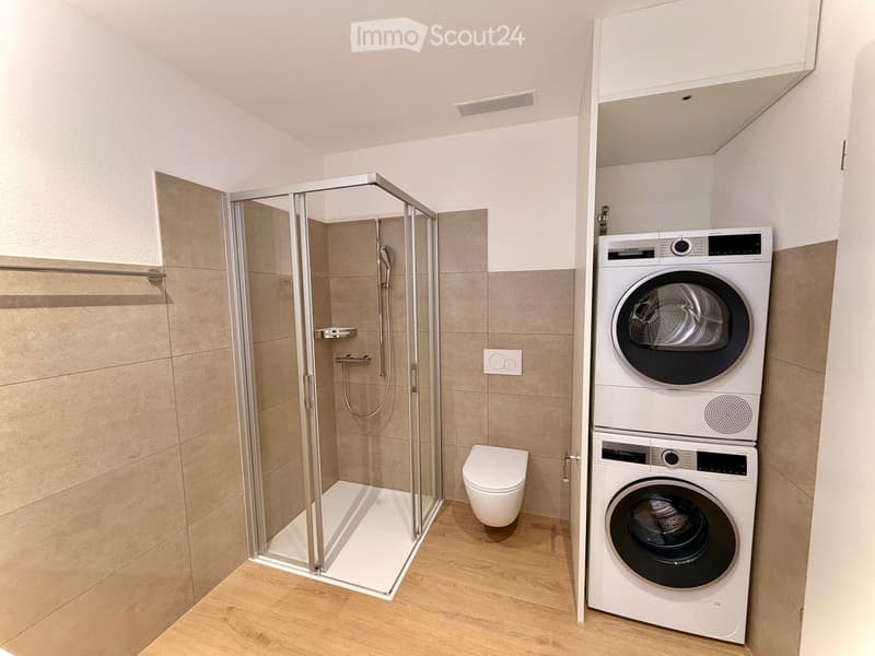 Modern bathroom with a glass-enclosed shower, toilet, and stacked washer/dryer unit.