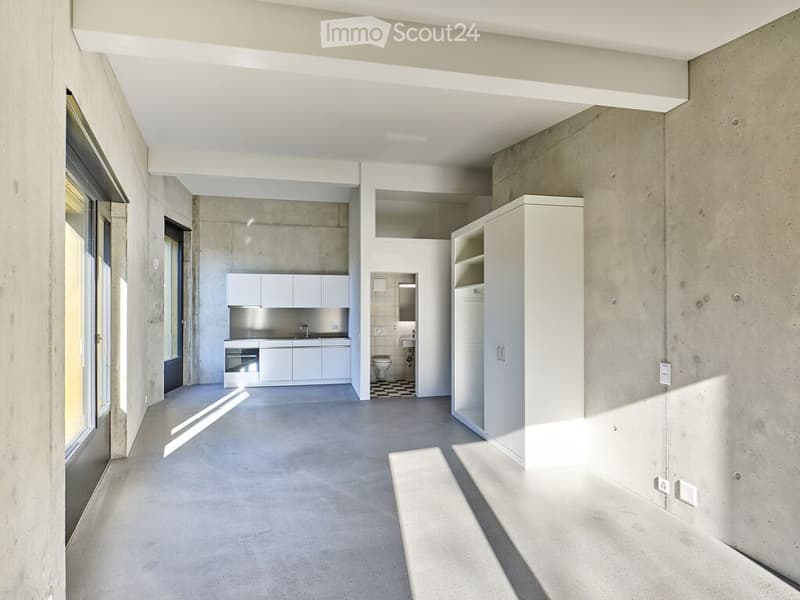 Modern, minimalist interior with white kitchen cabinets, a sink, a toilet, and a tall white cupboard. The space features concrete walls and floors with ample natural light from large windows.