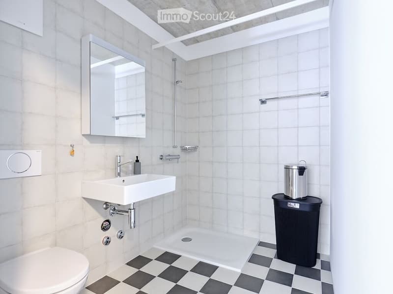 Modern bathroom with white tiles, a white sink, a toilet, a large mirror, a shower area, and a black trash bin with a silver container on top.