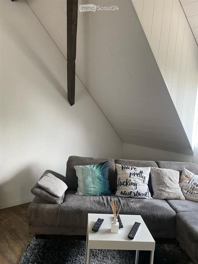 living room, attic couch, L-shaped couch, remotes on coffee table, pillows