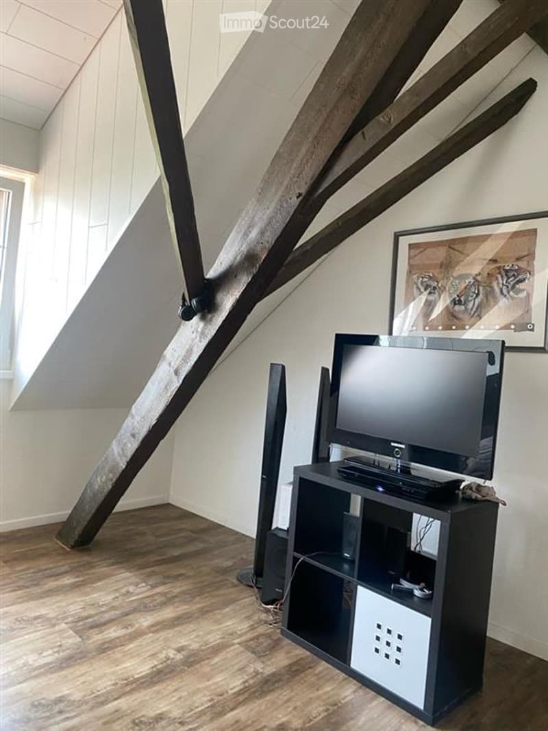 open ceiling with wooden beams, black flatscreen tv on shelf, black speakers, large painting on wall