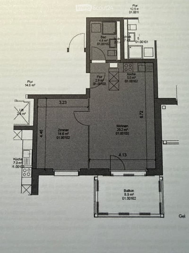 Floor plan of a 2-room apartment with a kitchen, living room, bedroom, and balcony.