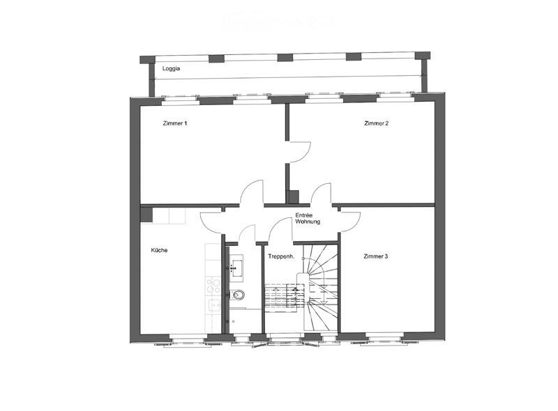 Floor plan of a residential unit with three bedrooms, a kitchen, an entrance area, and a staircase leading to a loggia.