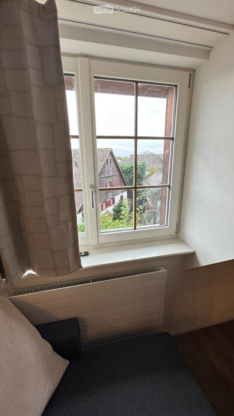 Cozy bedroom with a large window offering a view of the neighborhood, featuring a radiator below the window and a curtain on the left side.