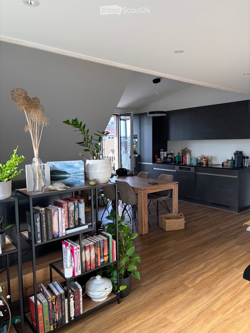 A modern, open-concept living and dining area with a bookshelf, dining table, chairs, kitchen cabinets, and various decorative items including plants and a vase.