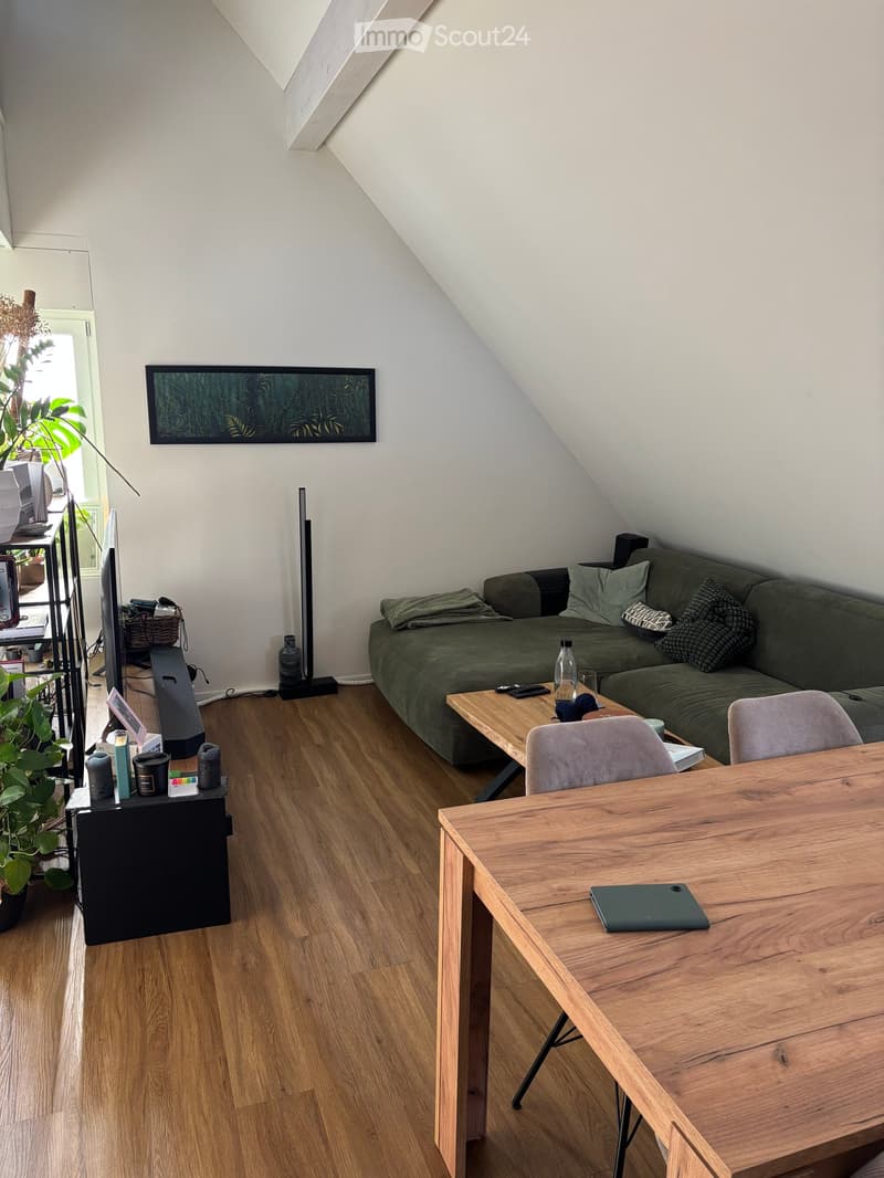 Modern living room with wooden flooring, green sofa, coffee table, chairs, laptop, and a large screen. Features a slanted ceiling and a plant in the corner.