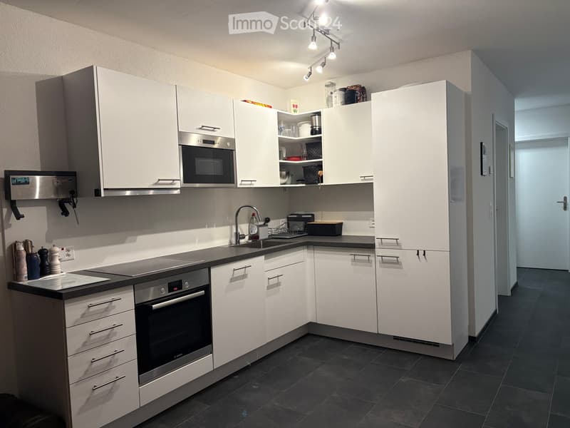 Modern kitchen with white cabinets, stainless steel appliances, and dark countertops.