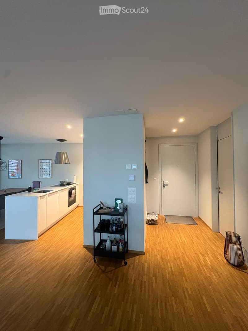 Modern hallway with wooden flooring, white walls, and recessed lighting. Features a small bar cart with bottles and a closed door leading to another room.