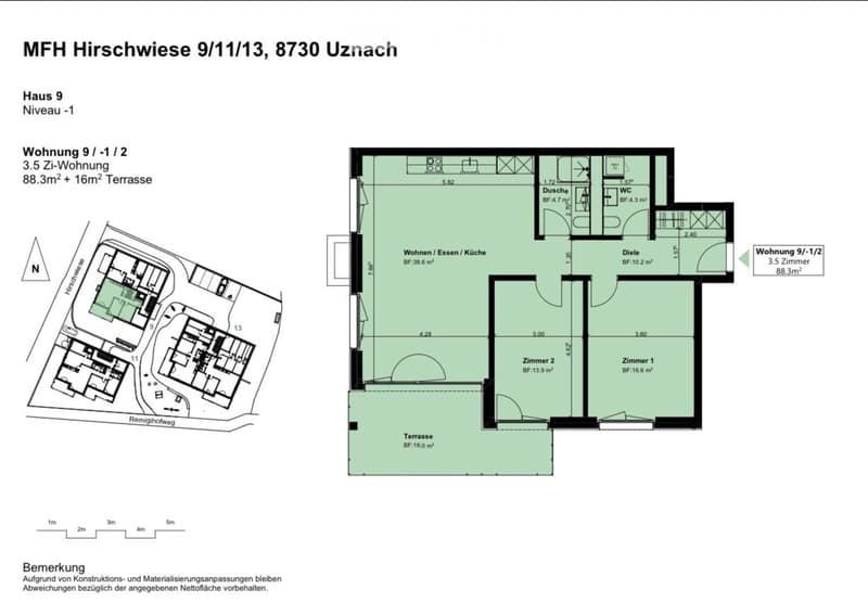 Floor plan of a 3.5-room apartment with a living/dining/kitchen area, two bedrooms, a bathroom, and a terrace.