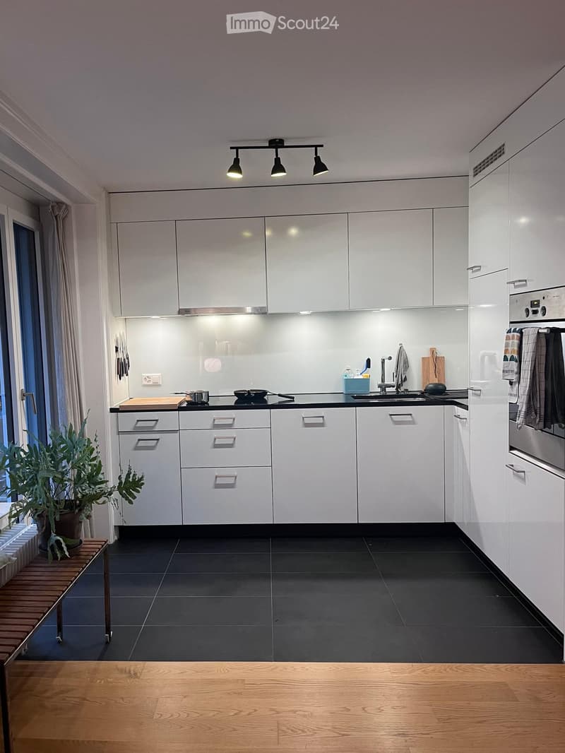 Modern kitchen with white cabinets, black countertops, and stainless steel appliances. Features a sink, oven, refrigerator, and a small wooden stool with a plant.