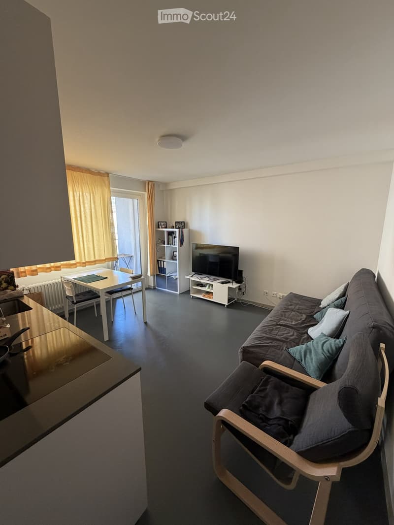 A modern, open-concept living space with a dark grey sofa, a wooden armchair, a dining table with chairs, a television on a stand, and a small shelf with books and decorative items. The room features large windows with yellow curtains and a dark grey floo