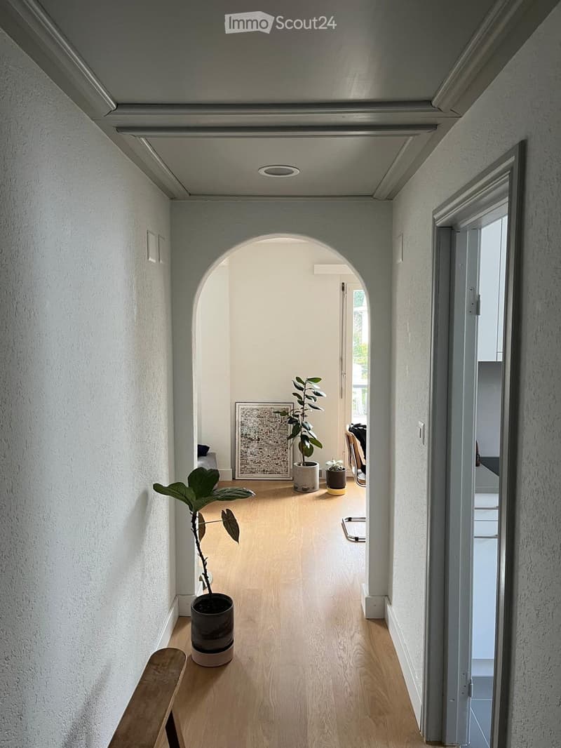 A modern hallway with light wooden flooring, white walls, and an arched opening leading to another room. Potted plants are placed along the hallway, and a bench is visible on the left side.