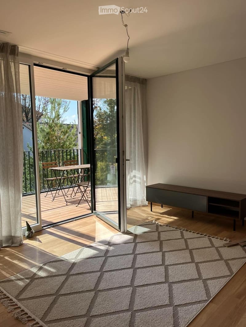 Bright living space with large sliding glass doors opening to a balcony, featuring a wooden floor, a large area rug, a side cabinet, and a small table and chairs on the balcony.