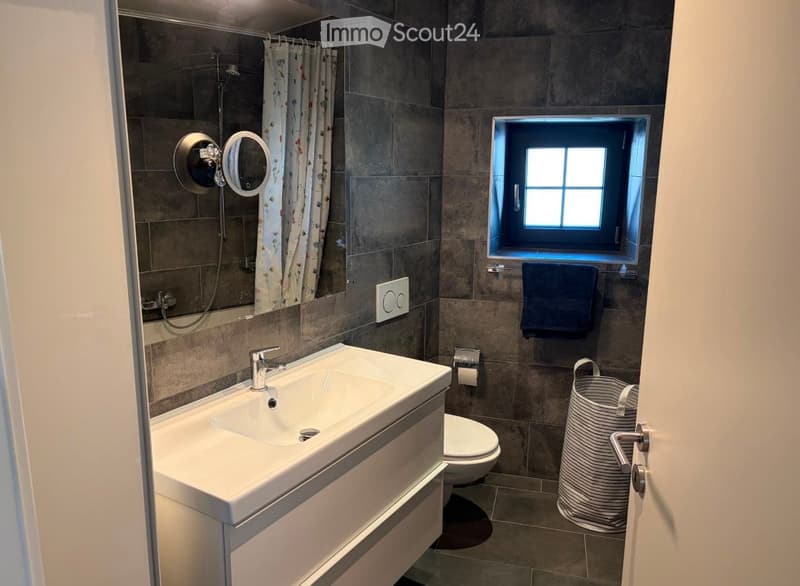 Modern bathroom with a white sink, chrome faucet, mirror, toilet, dark tiled walls, and a small window. A towel hangs on a rack, and a woven basket is placed on the floor.
