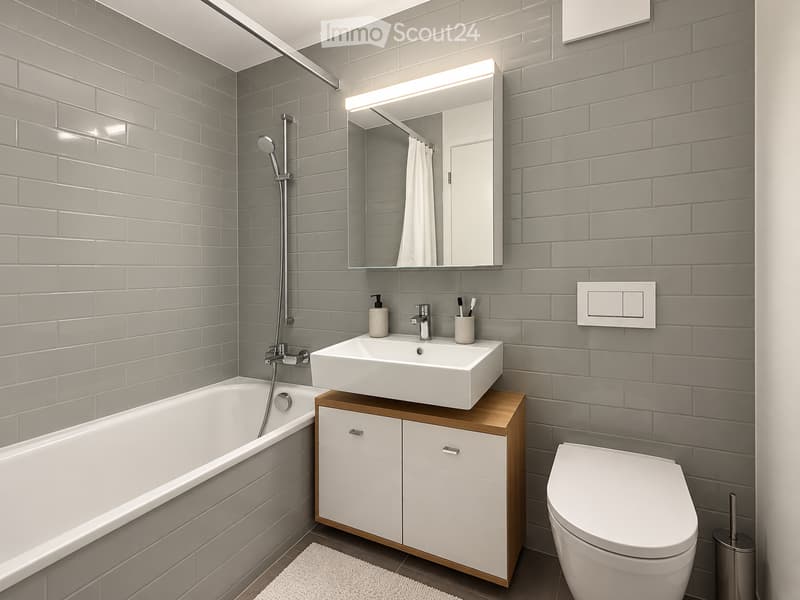 Modern bathroom with grey tiled walls, a white bathtub, a floating vanity with a sink, a toilet, and a large mirror with built-in lighting.