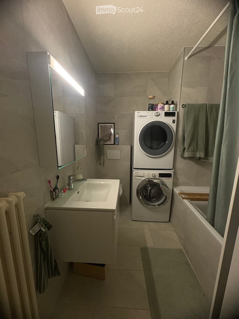 Compact bathroom with a sink, washing machine, and bathtub. Includes a mirror, towels, and personal care items.