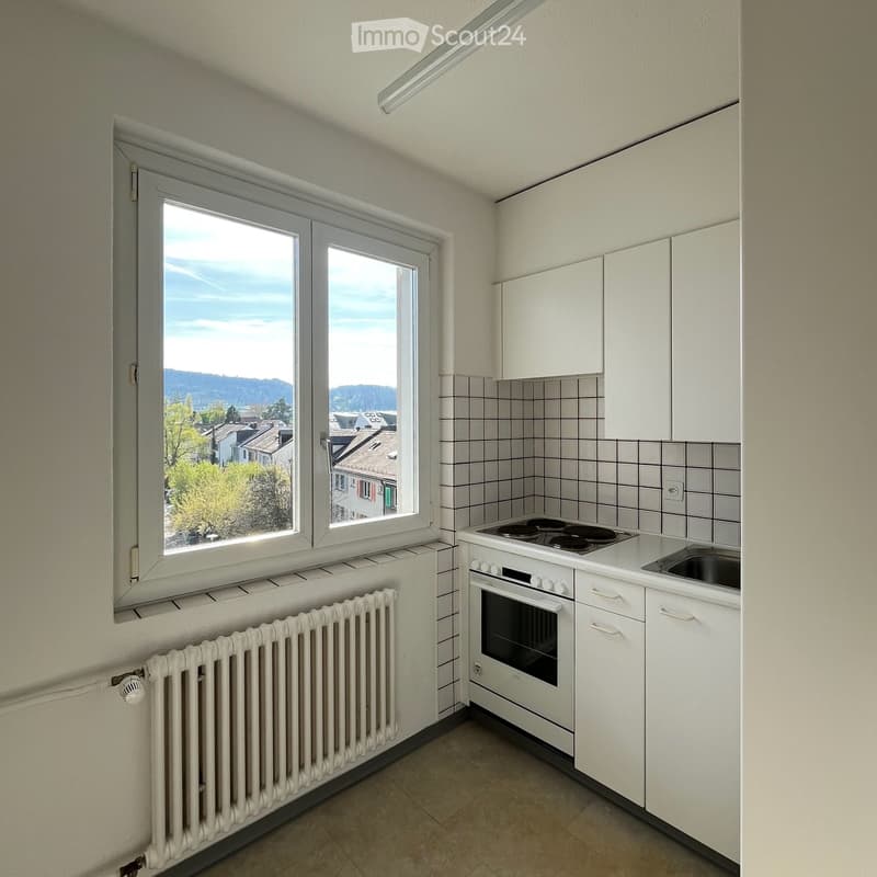 Modern kitchen with white cabinets, a built-in oven, stove, and sink, featuring a large window with a scenic view.