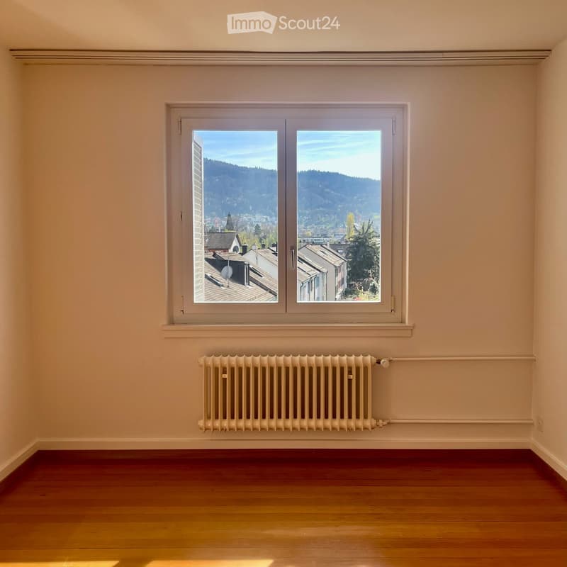 Empty room with wooden flooring, white walls, a radiator, and a large window offering a scenic view of a town and hills.